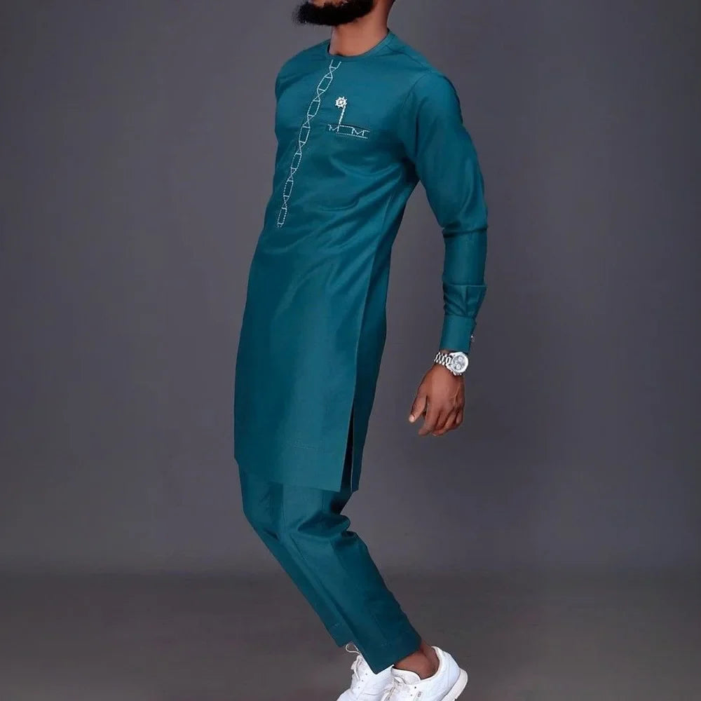 Men's New Designer Clothing Luxury Brand African 2Pc Suits Traditional Outfit Elegant Dashiki Full Pant Set