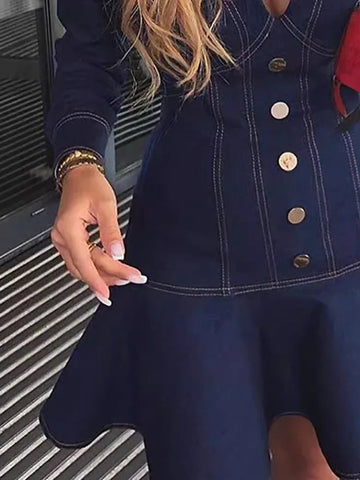 Denim Dresses Women Summer 2024 New Fashion Casual Bright Line Decoration Long Sleeves button Ruffle Hem Bodycon Mini Dresses