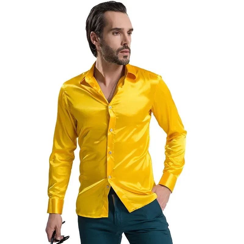 Men's Fashion Shiny Satin British Style Dress Shirt Luxury Ice Silk Long Sleeve Casual Wear