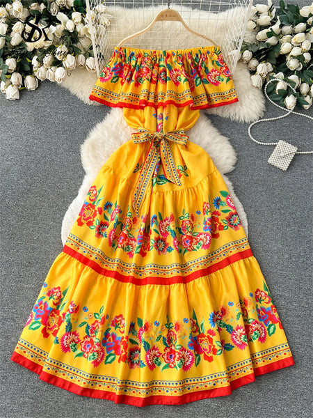 French Court Floral Print Sling Neck Off Shoulder Fashion Loose Long Dress