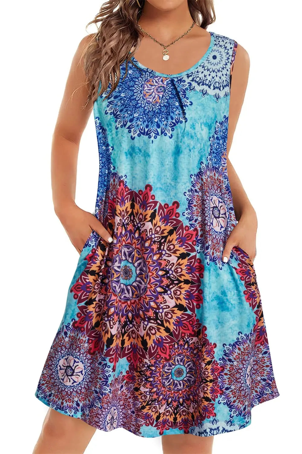 Bohemian Print New Casual Sleeveless Long Women's Round Neck Dress Retro Dress Sweetheart Rustic Country Sleeveless Dress