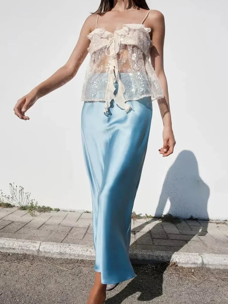 New Women's Clothing European and American Style Fashion Simple and Versatile Casual Sequined Suspender Top