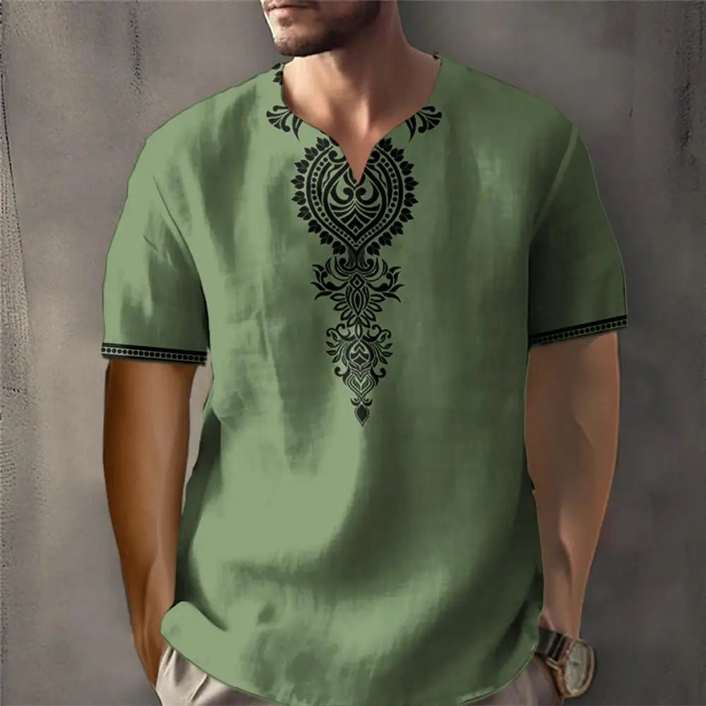 Vintage T-shirt For Men African Traditional Ethnic Style Print T-shirt Loose V-Neck Short Sleeved Tee Oversized Men Clothing Top