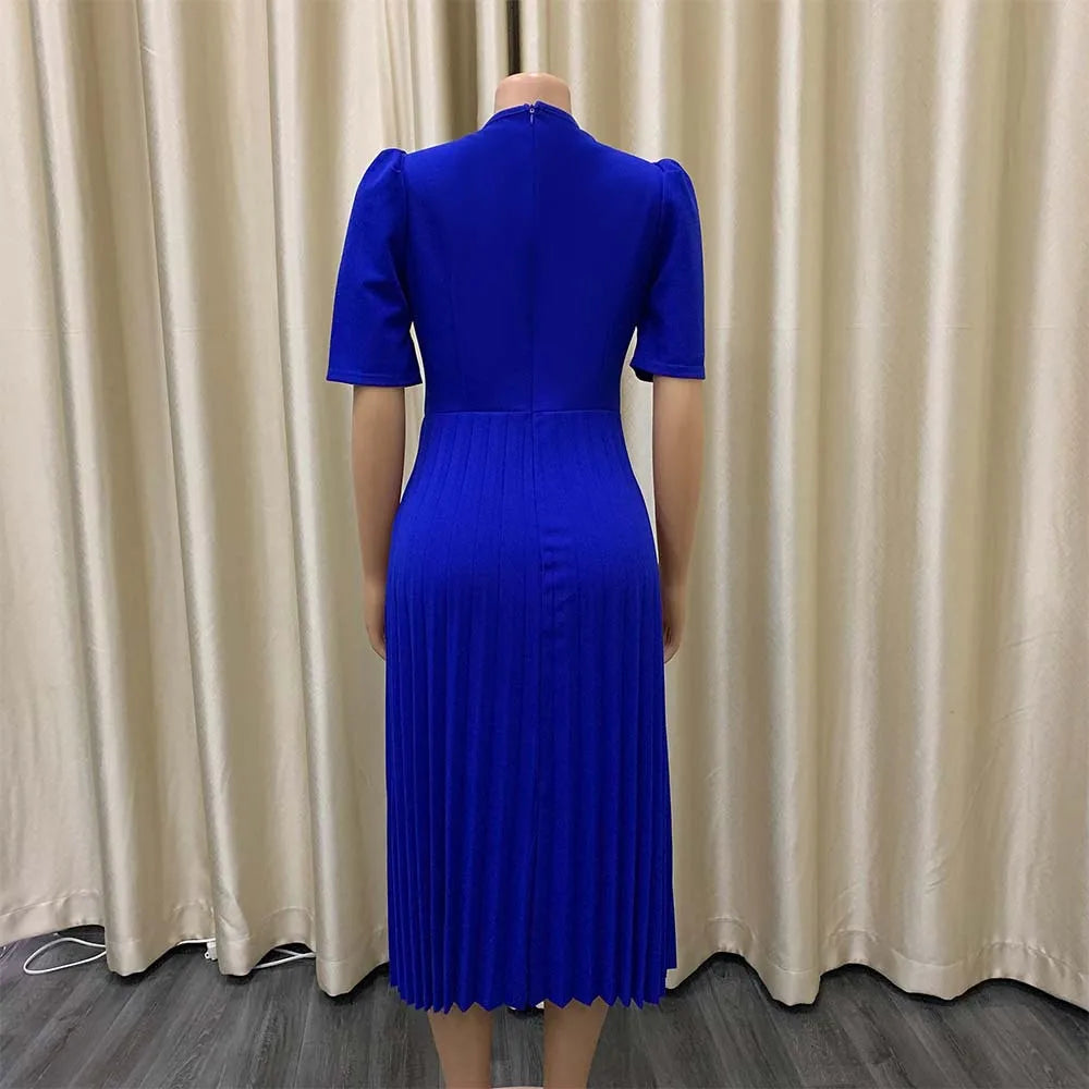 Elegant Pleated O Neck Short Sleeve Mid Calf Formal Business Wear Midi Vestidos Mujer Dress