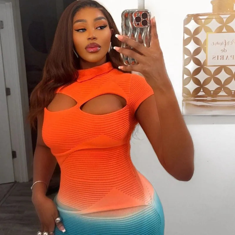Sexy Gradient Orange Blue Knitted Hollow Out Fashion Maxi Dress