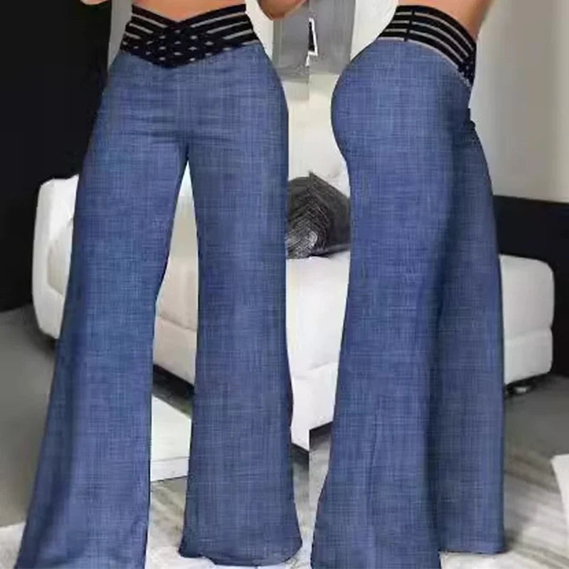 Women Wide Leg Flared Pants Crisscross Sheer Mesh Y2k Streetwear