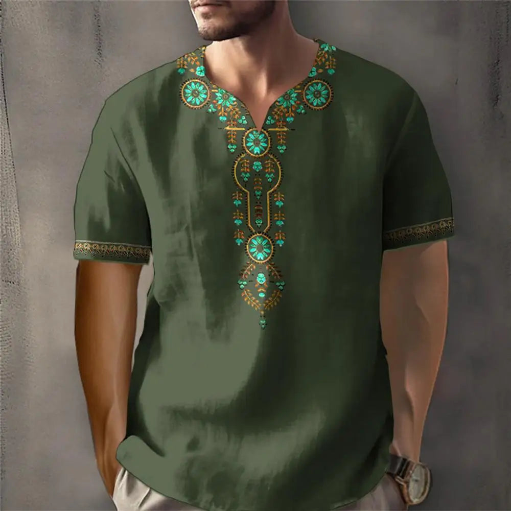 Vintage T-shirt For Men African Traditional Ethnic Style Print T-shirt Loose V-Neck Short Sleeved Tee Oversized Men Clothing Top