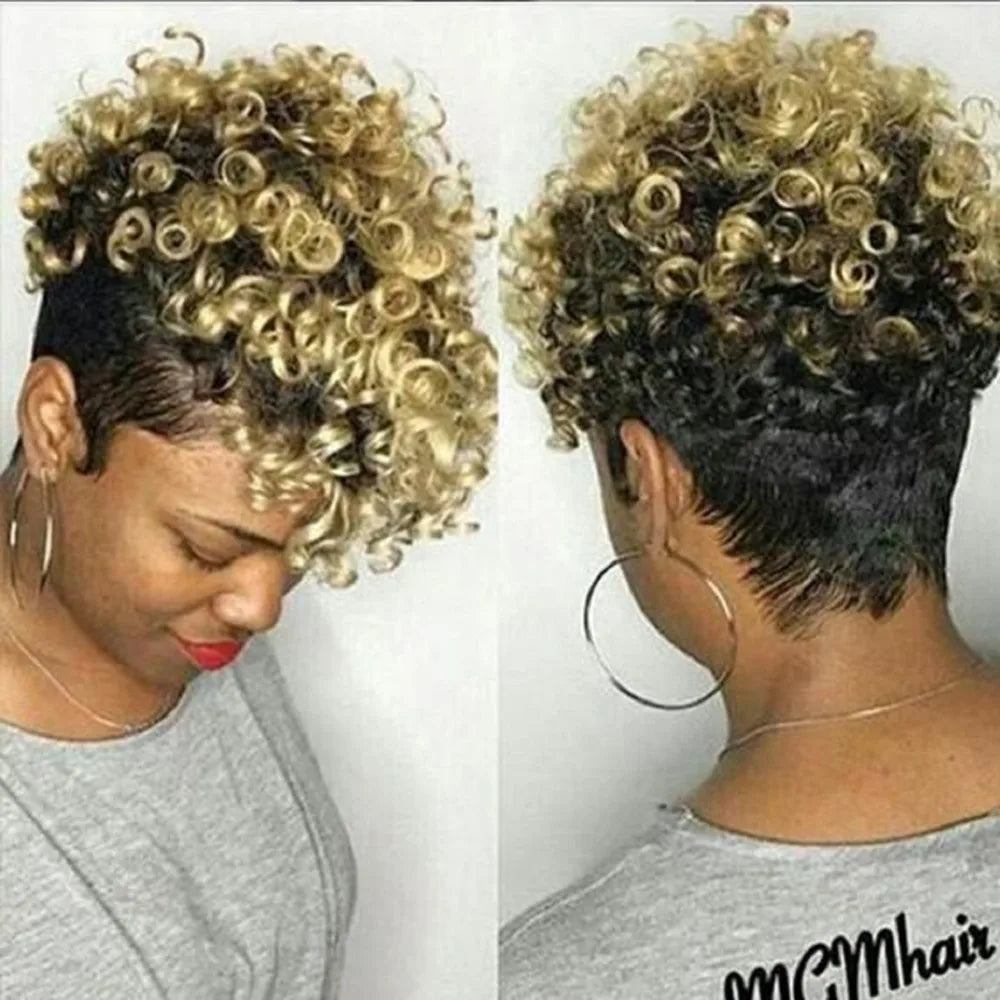 Short Curly Pixie Cut Wig - Black & Blonde Two-Tone