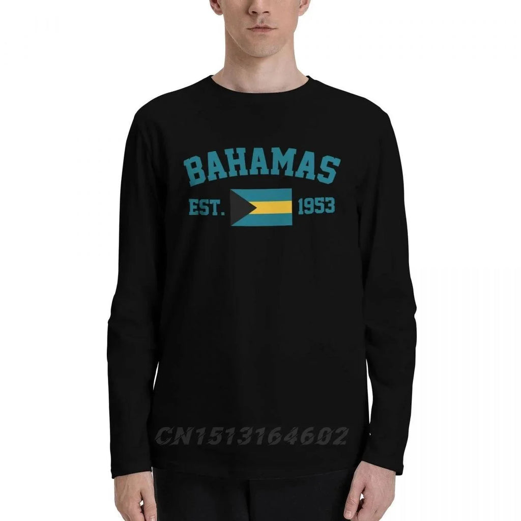 100% Cotton Bahamas Flag With EST. Year Long Sleeve Autumn T shirts Men Women Unisex Clothing LS T-Shirt Tops Tees