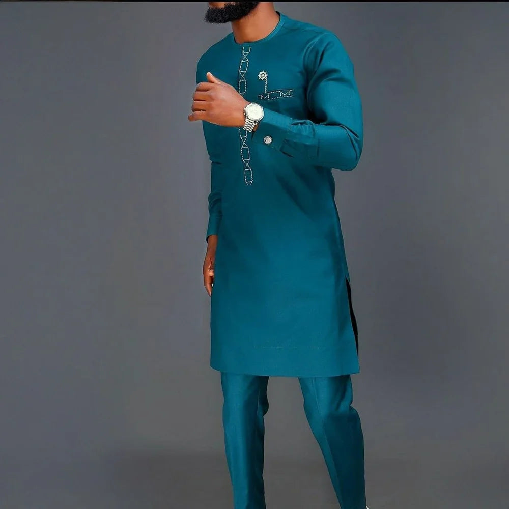 Men's New Designer Clothing Luxury Brand African 2Pc Suits Traditional Outfit Elegant Dashiki Full Pant Set