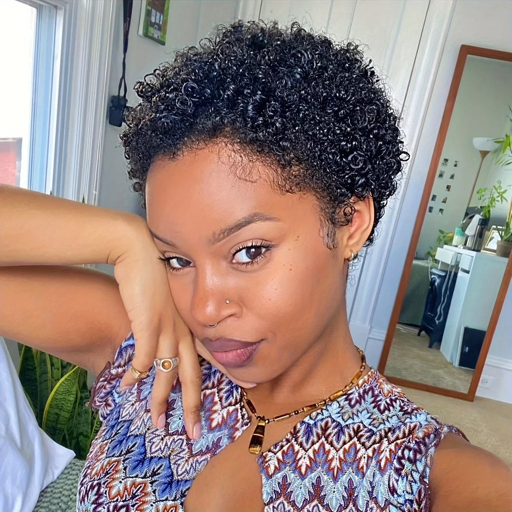 Short Afro Kinky Curly 100% Human Hair Wig For Women Pixie Cut Deep Wave Water Wave Short Wig Full Machine Made