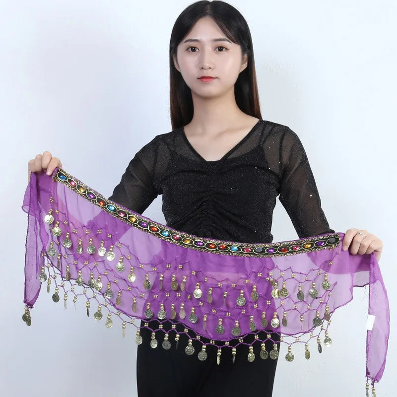 New Belly Dance Hip Scarf Copper Coin Waist Scarf Indian Dance Performance Clothing Accessories Dance Wear Belt with Gemstone