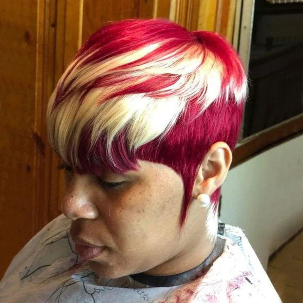 Short Pixie Cut Stylish Wig Burgundy Two Tone With highlights Human Hair with Bangs Full Machine Made Pixie
