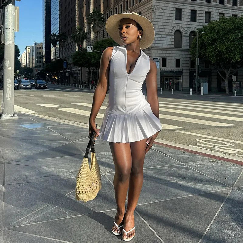Women college style white wide pleated Skort style dress