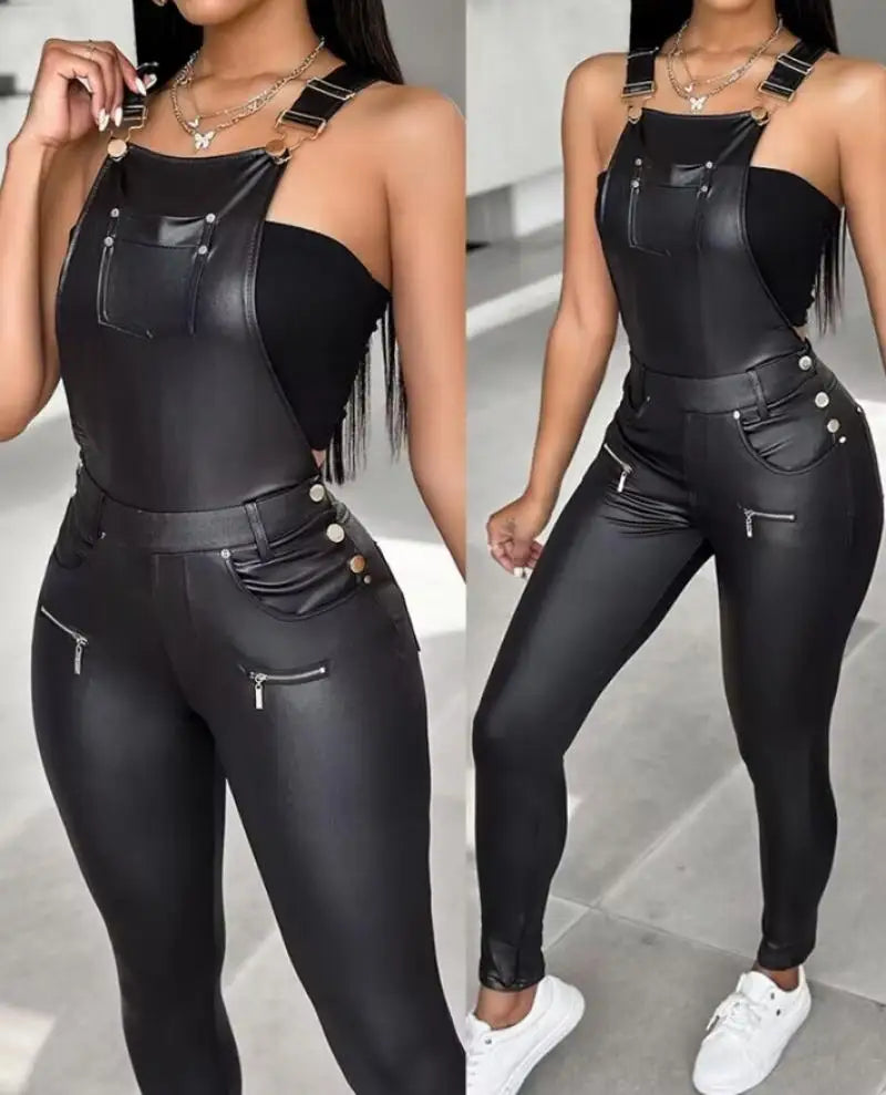 Women's Shoulder Strap Square Neck Pu Leather Buckle Zipper Sexy Tight Fitting Jumpsuit