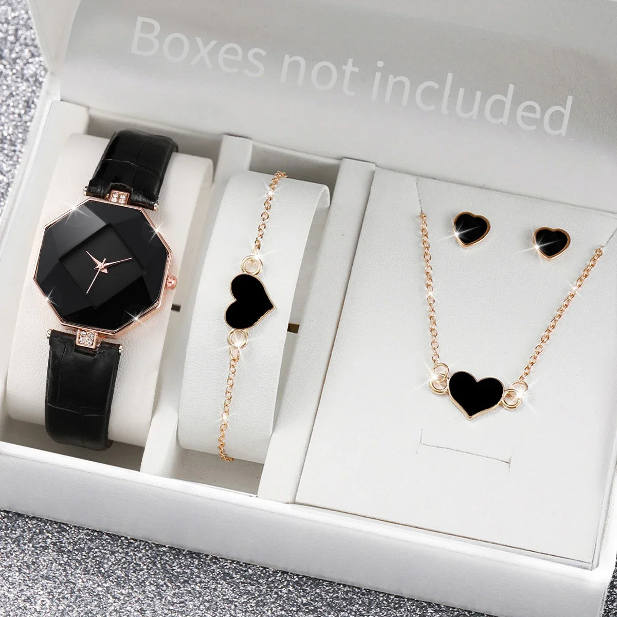 5PCS/Set Women's Fashion Leather Band Analog Quartz Watches Heart Jewelry Set (Without Box)