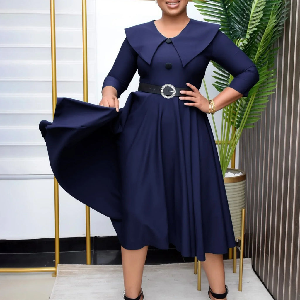 Elegant Office Dress for Women Midi With Sleeve O Neck Turn Down Collar Three Quarter Belt Waisted Mid Calf Formal Work Dress OL