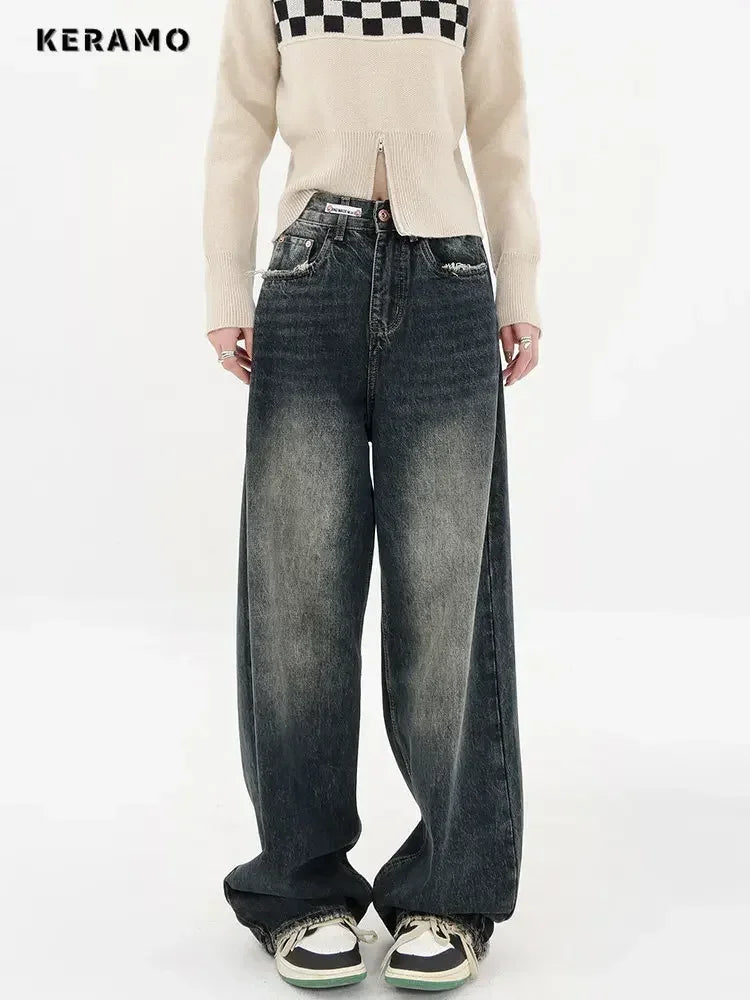 Harajuku Streetwear Retro Fashion Women High Waist Jeans Wide Leg Straight Denim Trousers Y2K Baggy Pants