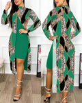 Elegant A Line Two Piece Print Dresses Full Sleeve Split Cardigan Half High Collar Dress