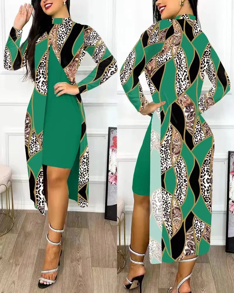 Elegant A Line Two Piece Print Dresses Full Sleeve Split Cardigan Half High Collar Dress