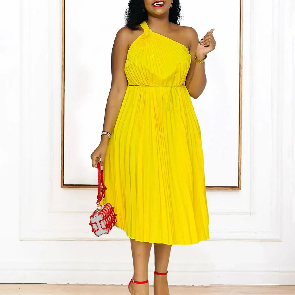 Africa Clothing African Pleat Dresses for Women 2024 Summer Sexy Africa Sleeveless White Green Yellow Red Party Beach Midi Dress