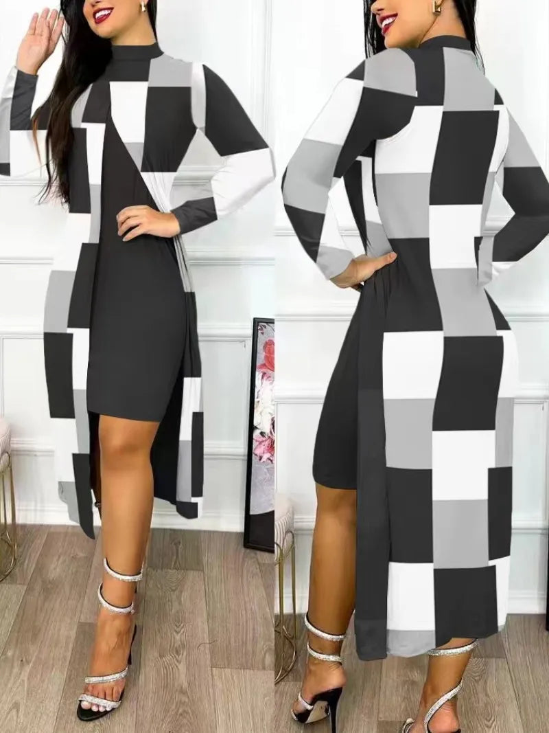 Elegant A Line Two Piece Print Dresses Full Sleeve Split Cardigan Half High Collar Dress