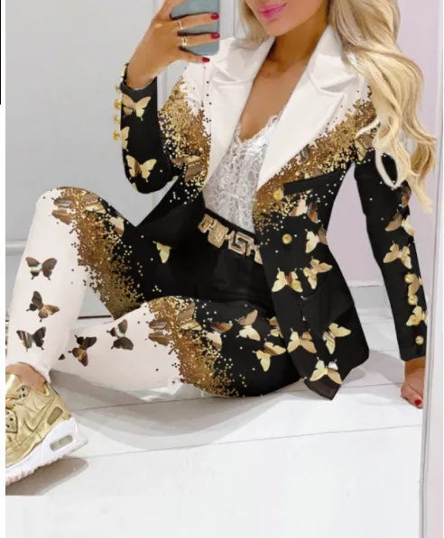 Elegant Two Piece Fashion Print Casual Pants Suits Outfit
