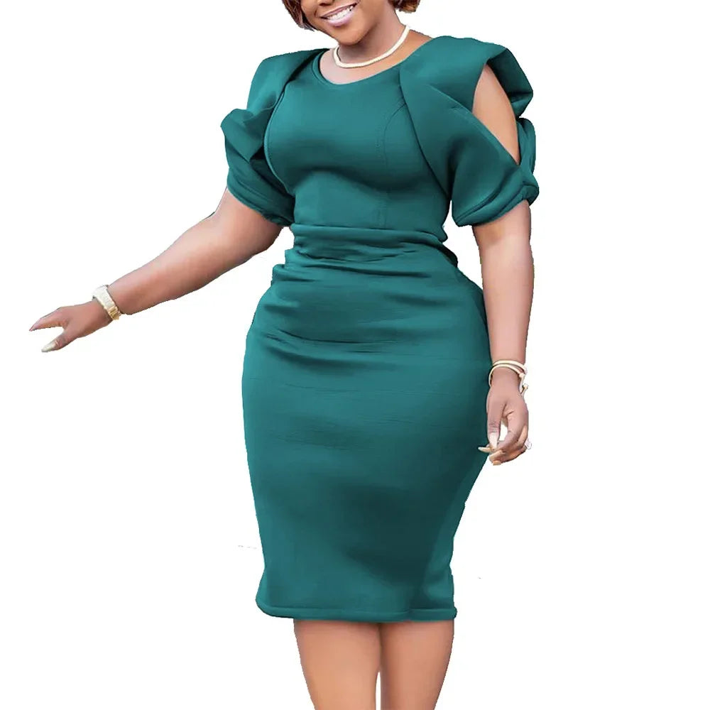 Women Summer African O-neck Short Sleeve Knee-length Dress