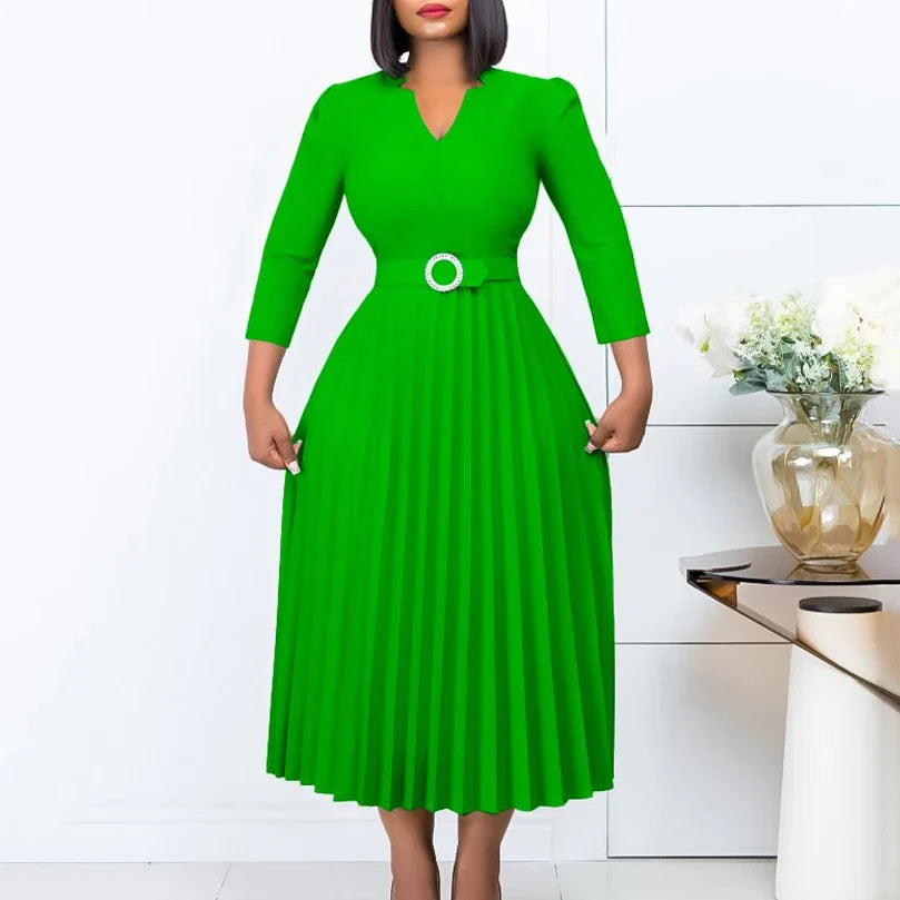 Elegant Pleated V Neck Belt Waisted Mid Calf African Business Wear Dress