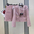 Y2K Women Elegant Vintage Tweed Fragrant Suit Jacke Coat Top And Skirt Two Piece Set Green Outfit Winter Jacquard Party Clothing