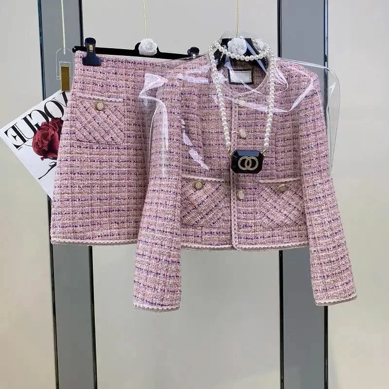 Y2K Women Elegant Vintage Tweed Fragrant Suit Jacke Coat Top And Skirt Two Piece Set Green Outfit Winter Jacquard Party Clothing