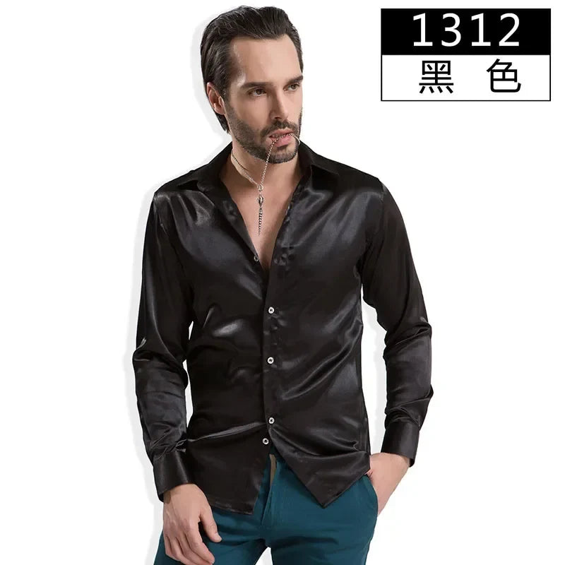 Men's Fashion Shiny Satin British Style Dress Shirt Luxury Ice Silk Long Sleeve Casual Wear