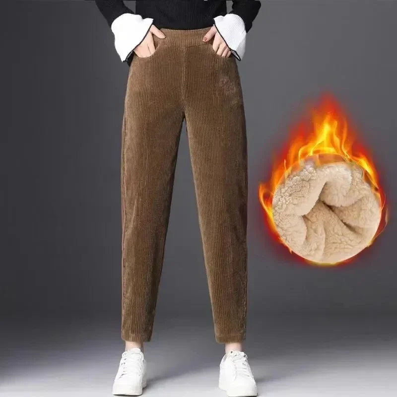 Women Corduroy Warm Thick Plush Casual Autumn Winter Leggings High Waist Pants