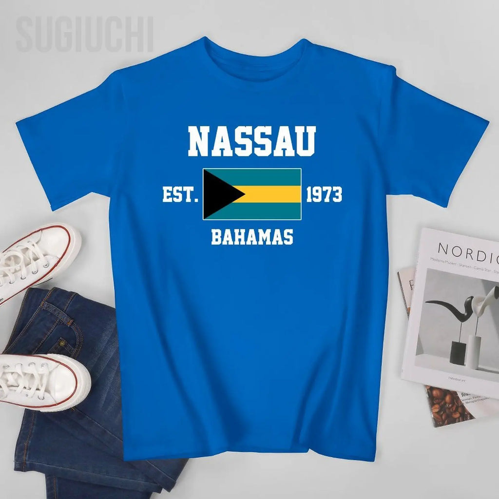 Patriotic Flag Bahamas EST.1973 Nassau Men Tshirt Tees T-Shirt O-neck T Shirts Women Boys Clothing 100% Cotton