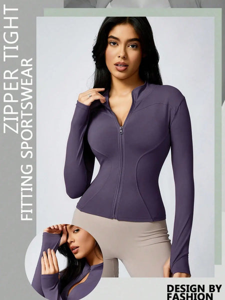 Women's Solid Color Zipper Turtleneck Sports Jacket, Long-Sleeved Sports Top, Gym Wear, Ladies' Sportswear for Indoor and Outdoo