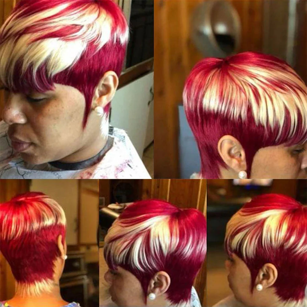 Short Pixie Cut Stylish Wig Burgundy Two Tone With highlights Human Hair with Bangs Full Machine Made Pixie