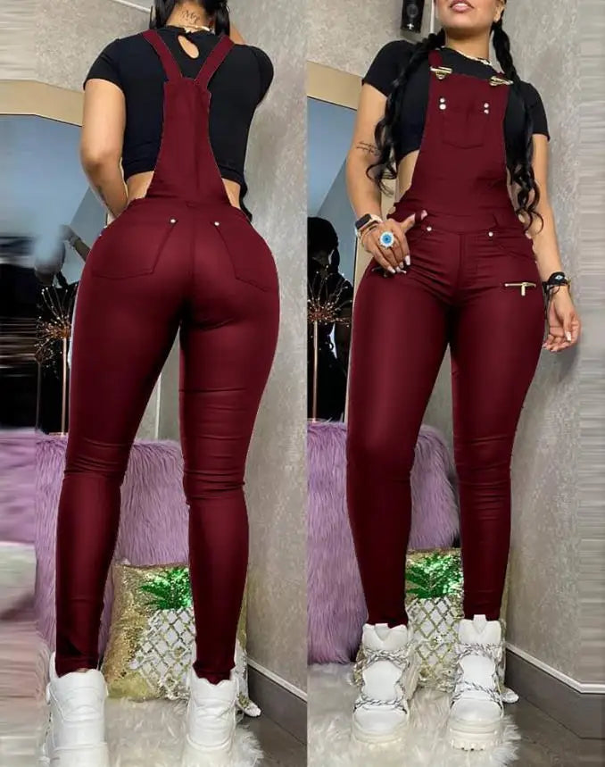 Women's Shoulder Strap Square Neck Pu Leather Buckle Zipper Sexy Tight Fitting Jumpsuit