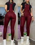 Women's Shoulder Strap Square Neck Pu Leather Buckle Zipper Sexy Tight Fitting Jumpsuit