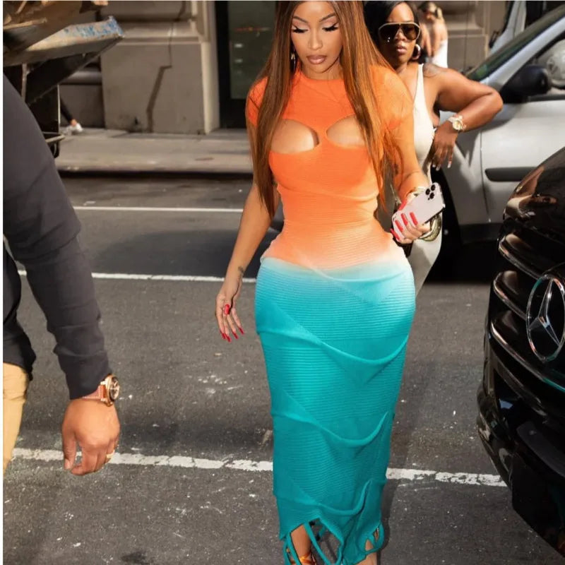 Sexy Gradient Orange Blue Knitted Hollow Out Fashion Maxi Dress