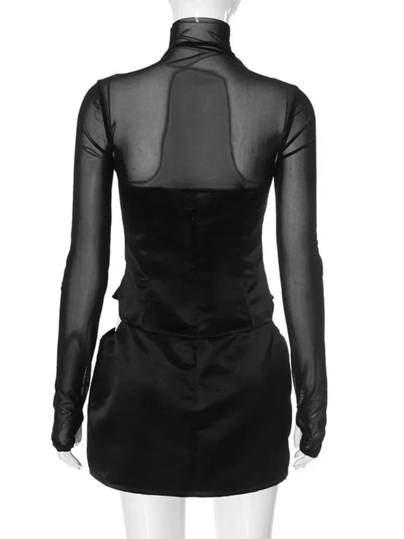 Fashion Chic Turtleneck Mesh Patchwork Short Dress Party Clubwear Long Sleeve See-through Hollow Out Mini Corset Dresses Black