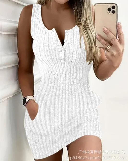 European and American women's clothing 2024 summer new women's casual solid color ribbed pocket design tight fitting dress