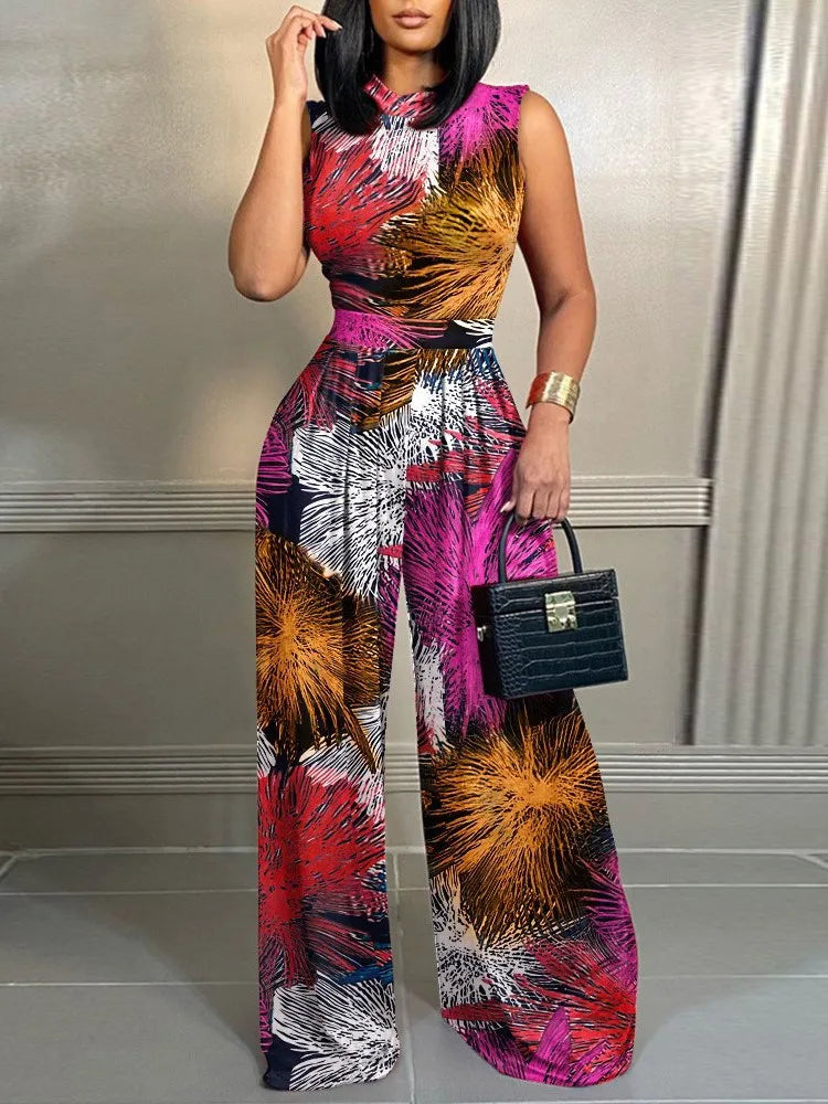 Elegant Women Wide Leg Juumpsuit Summer Fashion Printed Sleeveless Casual Wear