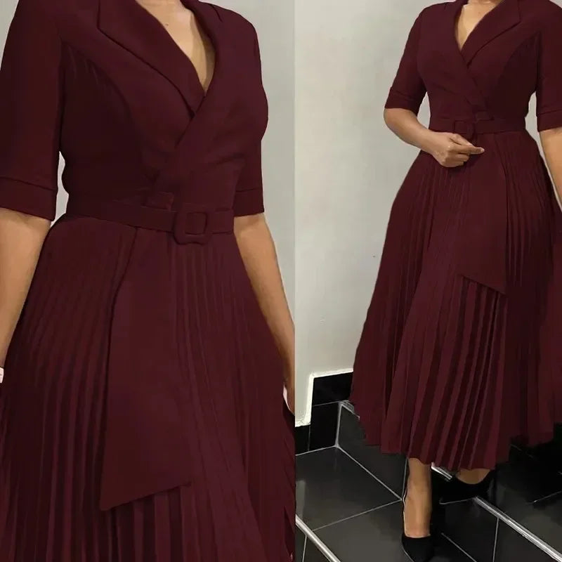 African Autumn Elegant Half Sleeve V-neck Polyester Pleated Ankara Dresses