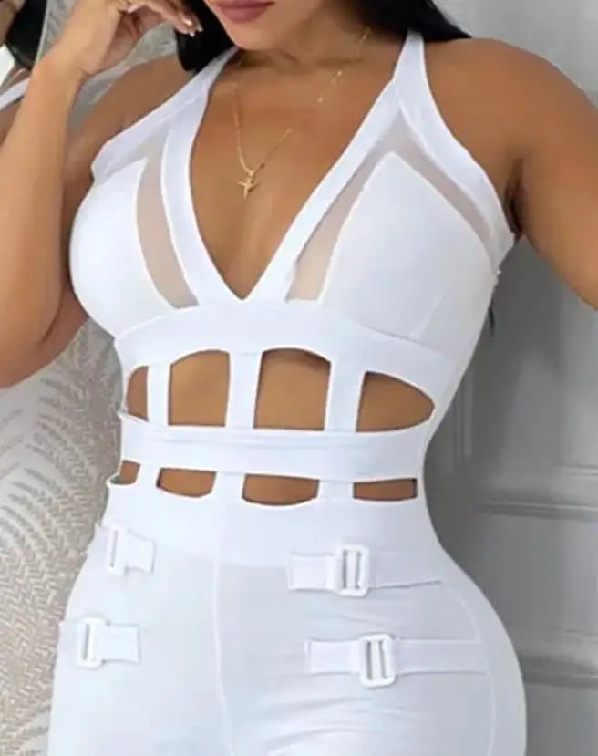New Summer Fashionable Hollow Camisole Buckle Comparison Mesh Tight Jumpsuit