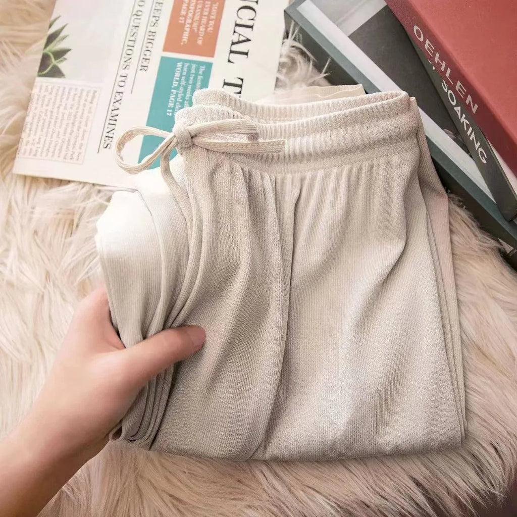 Women Spring Summer Ice Silk Wide Leg High Waist Pants Loose Straight Casual