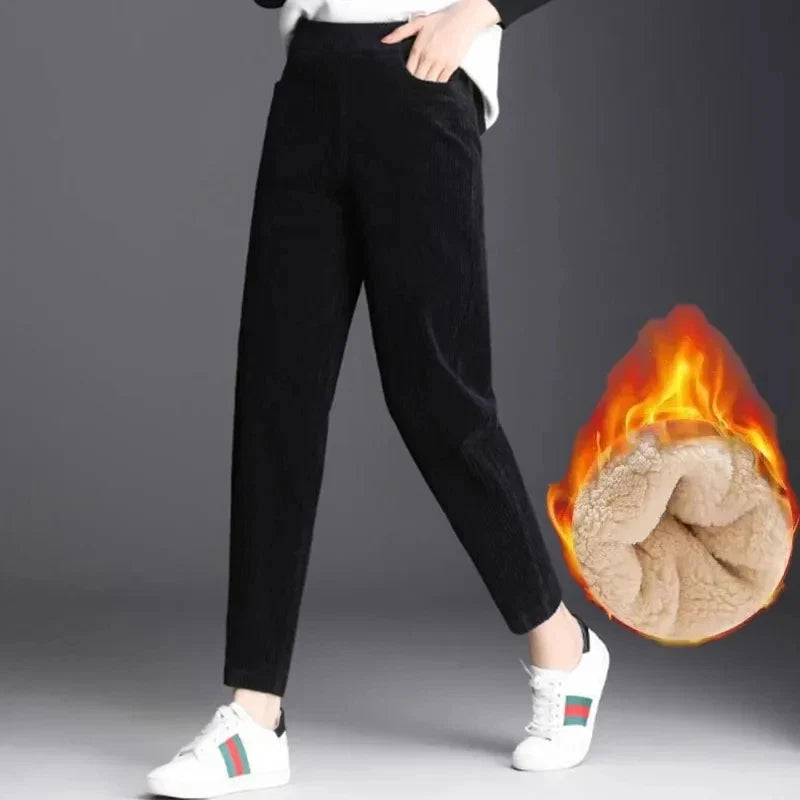 Women Corduroy Warm Thick Plush Casual Autumn Winter Leggings High Waist Pants