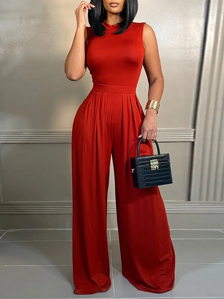 Elegant Women Wide Leg Juumpsuit Summer Fashion Printed Sleeveless Casual Wear