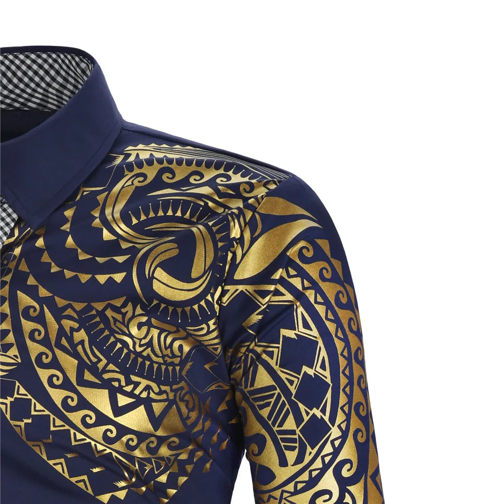Men's Brand Luxury Gold High Quality Long Sleeve Shirts Business Dress Prom Social Print Shirts