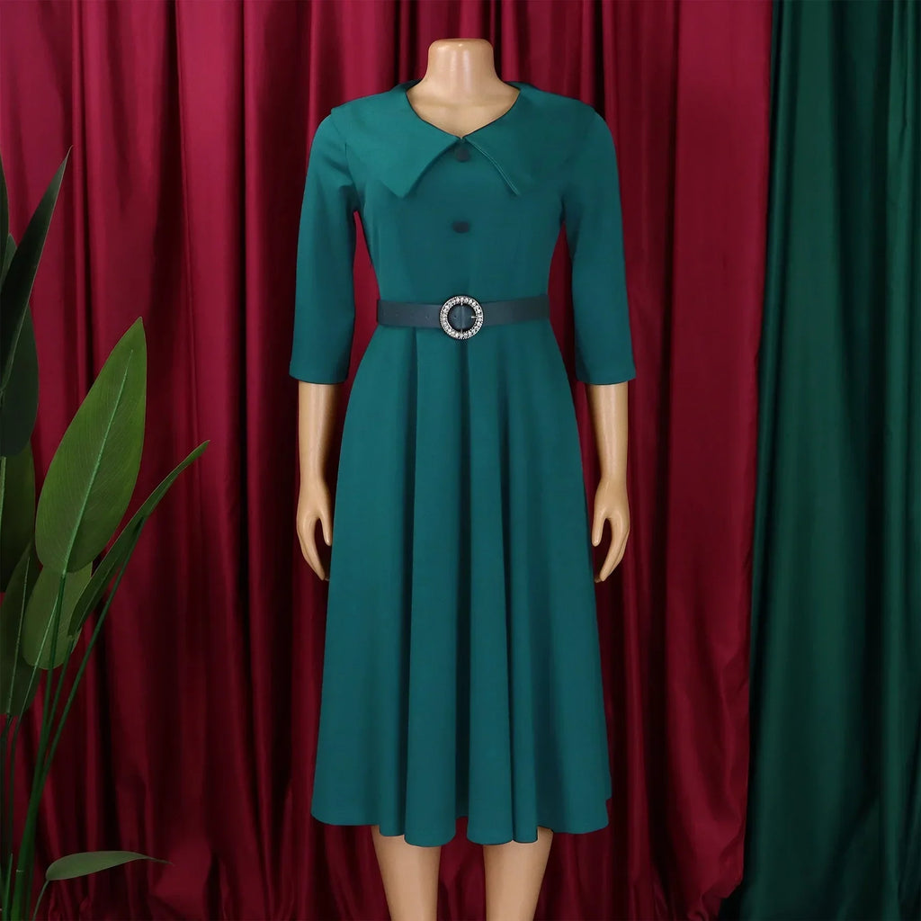 Elegant Office Dress for Women Midi With Sleeve O Neck Turn Down Collar Three Quarter Belt Waisted Mid Calf Formal Work Dress OL