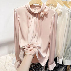 French Style Elegant Folds Shirt Female Clothing Stylish Floral Three-dimensional Decoration Spring Autumn Stand Collar Blouse